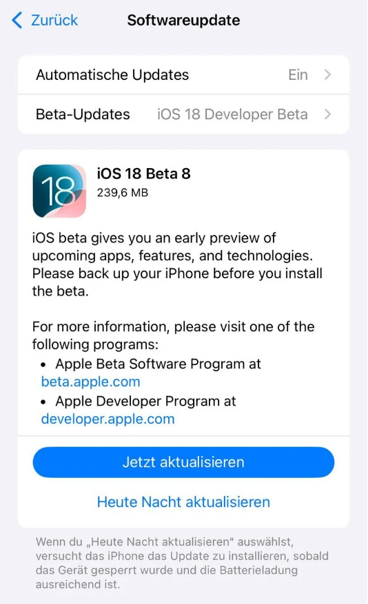 衢州苹果手机维修分享苹果 iOS / iPadOS 18 开发者预览版 Beta 8 发布 